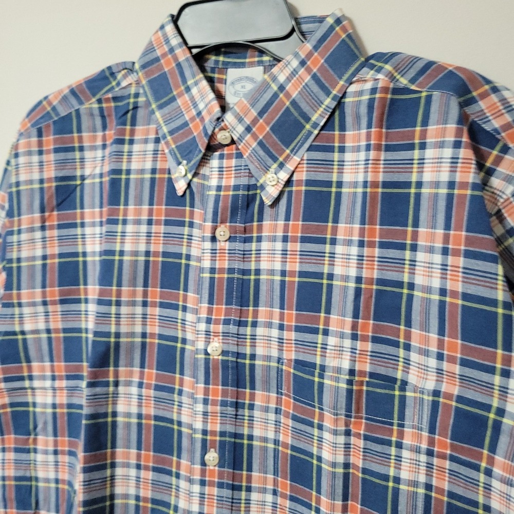 Brooks Brothers Button Down Shirt Mens XL Blue Orange Plaid Short Sleeve Cotton